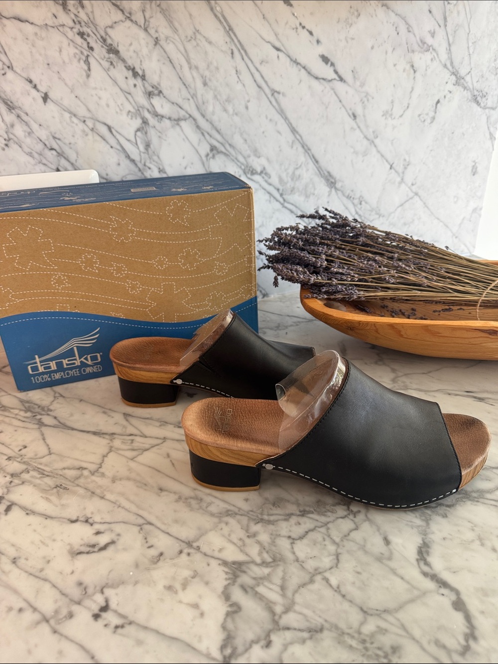 Dansko Black Leather Open-Toe Slide Clogs